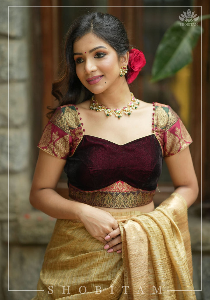 Burgundy Velvet and Banarasi brocade Sweetheart neck blouse, with potli button detailing on neckline, Made to Order