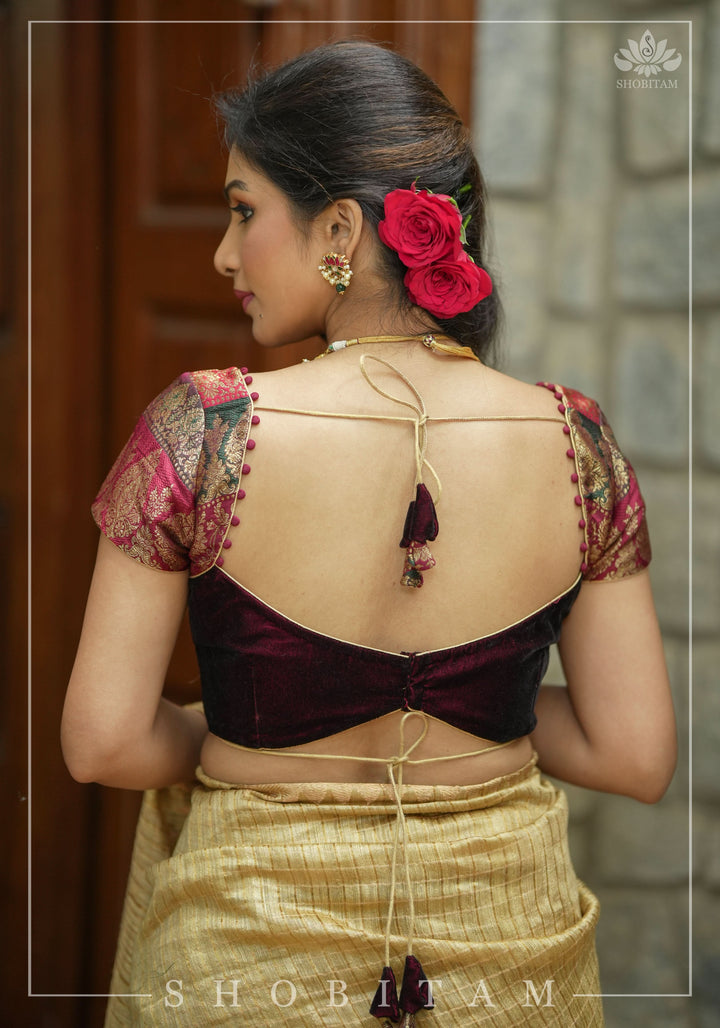 Burgundy Velvet and Banarasi brocade Sweetheart neck blouse, with potli button detailing on neckline, Made to Order