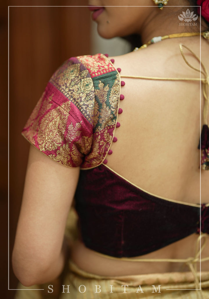 Burgundy Velvet and Banarasi brocade Sweetheart neck blouse, with potli button detailing on neckline, Made to Order