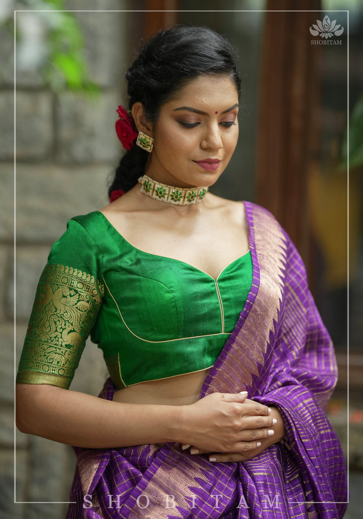 Green Pure Raw Silk Blouse with Leaf Neck, Choli Cut with Shikaargah zari border sleeves, Made to Order