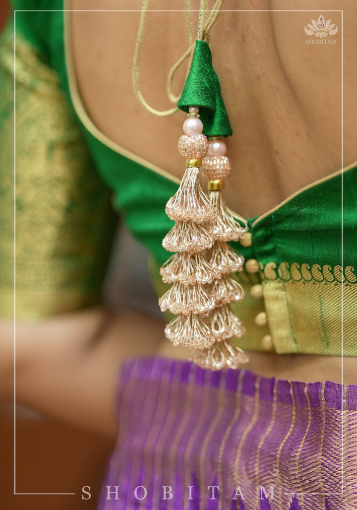 Green Pure Raw Silk Blouse with Leaf Neck, Choli Cut with Shikaargah zari border sleeves, Made to Order