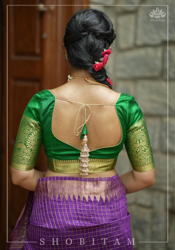 Green Pure Raw Silk Blouse with Leaf Neck, Choli Cut with Shikaargah zari border sleeves, Made to Order
