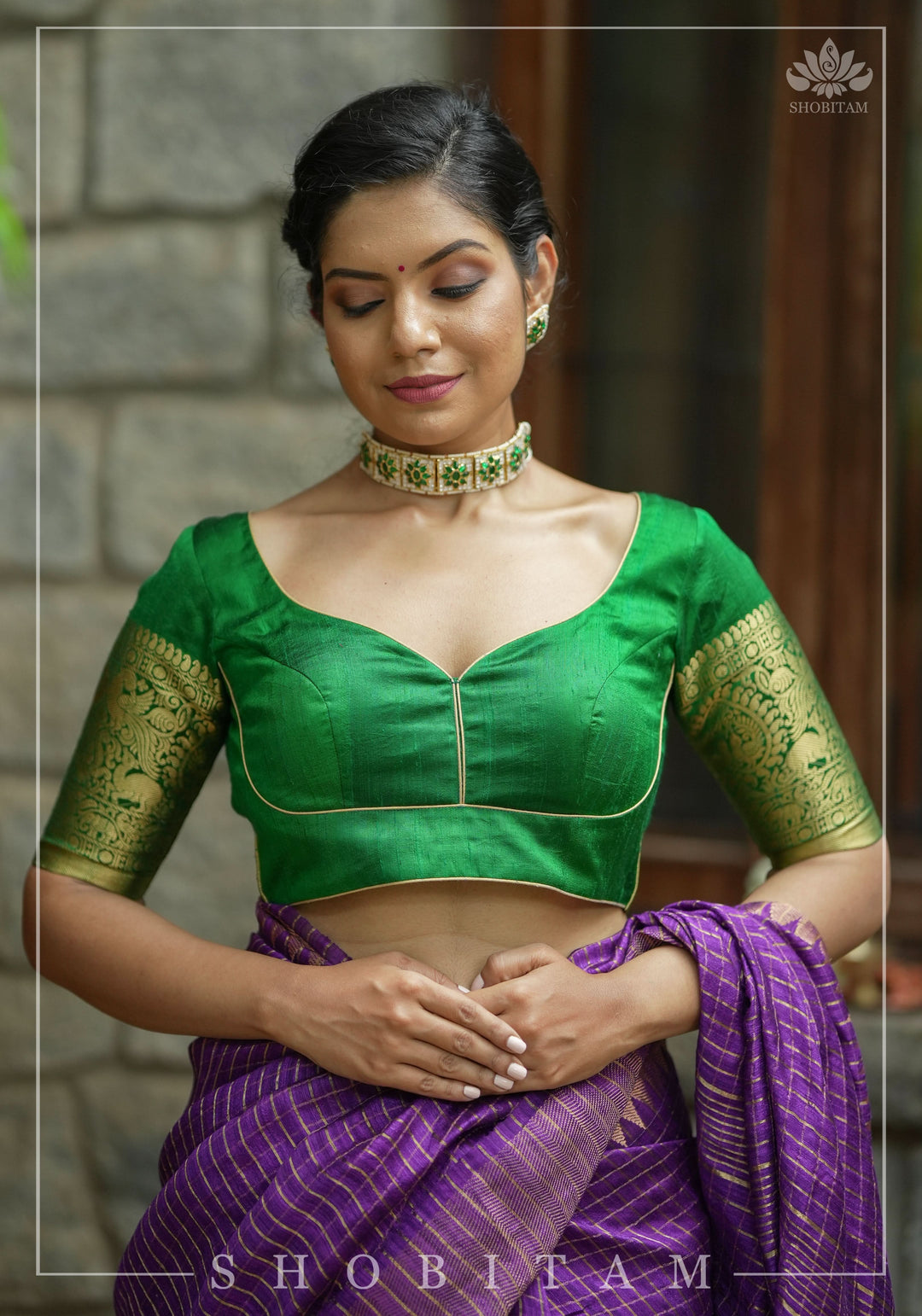 Green Pure Raw Silk Blouse with Leaf Neck, Choli Cut with Shikaargah zari border sleeves, Made to Order