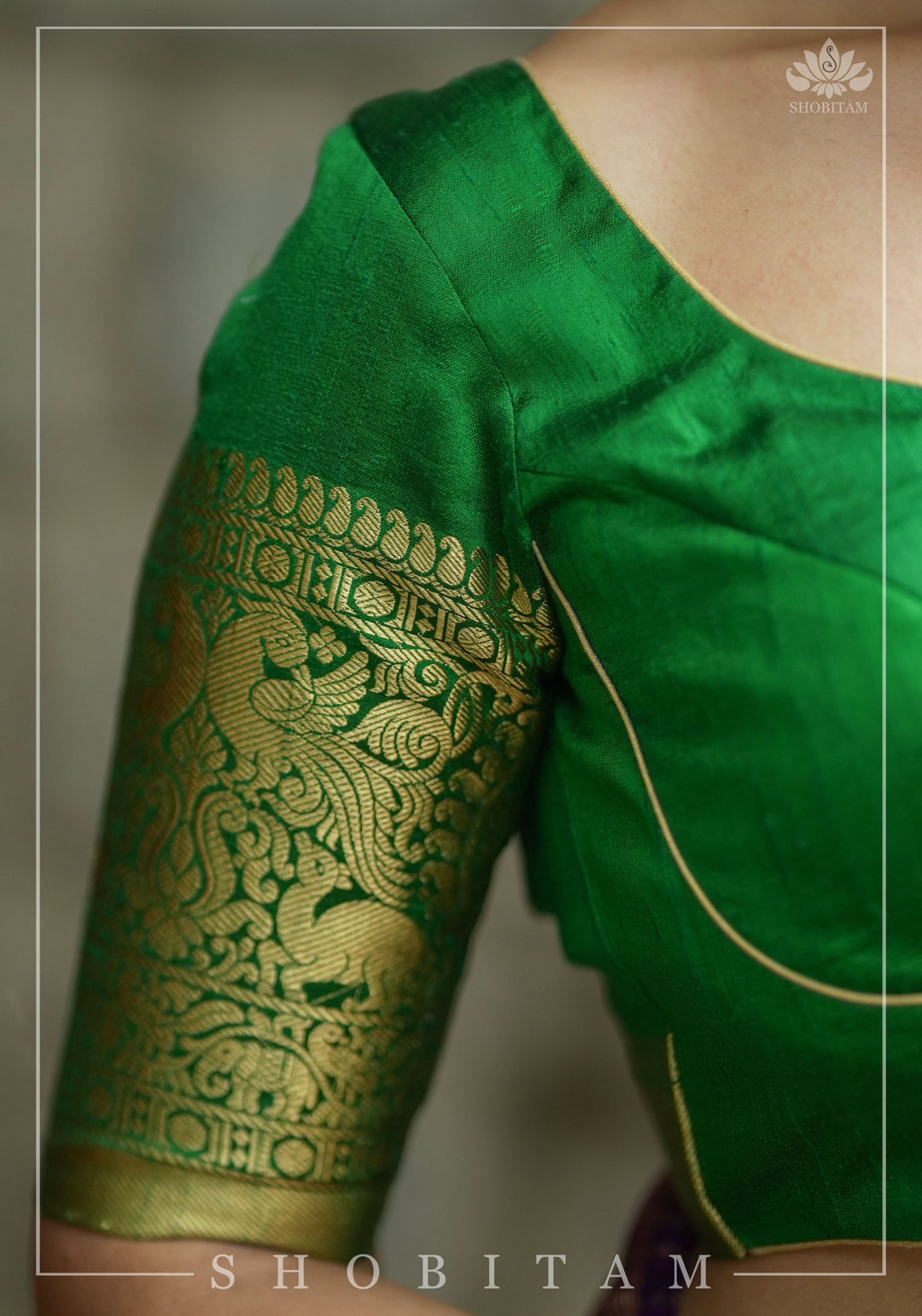 Green Pure Raw Silk Blouse with Leaf Neck, Choli Cut with Shikaargah zari border sleeves, Made to Order