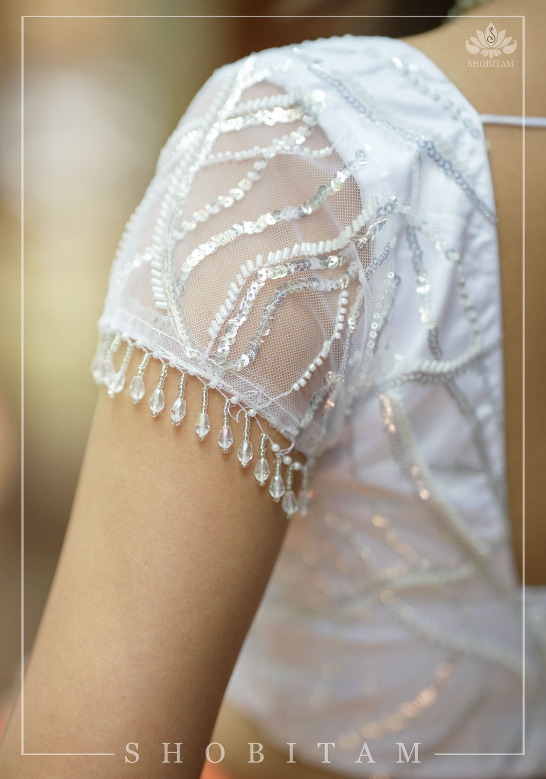 White sequin blouse with pleated net detailing, Mix and match blouse for saree, Made to Order