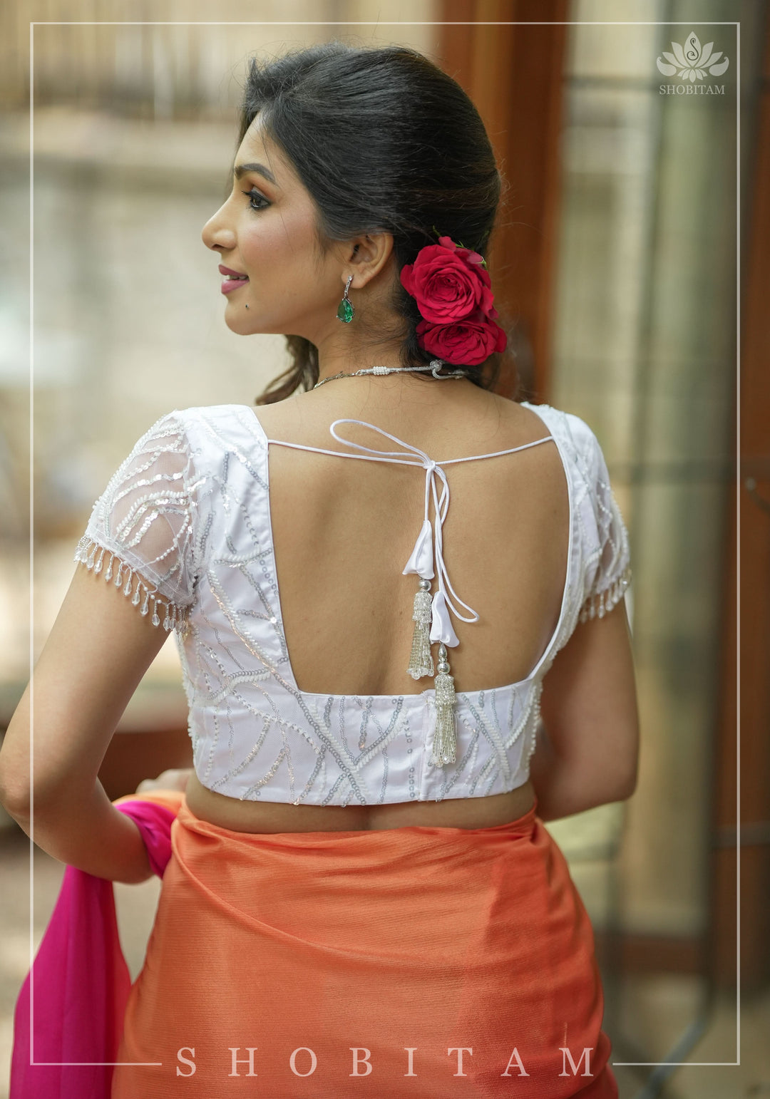 White sequin blouse with pleated net detailing, Mix and match blouse for saree, Made to Order