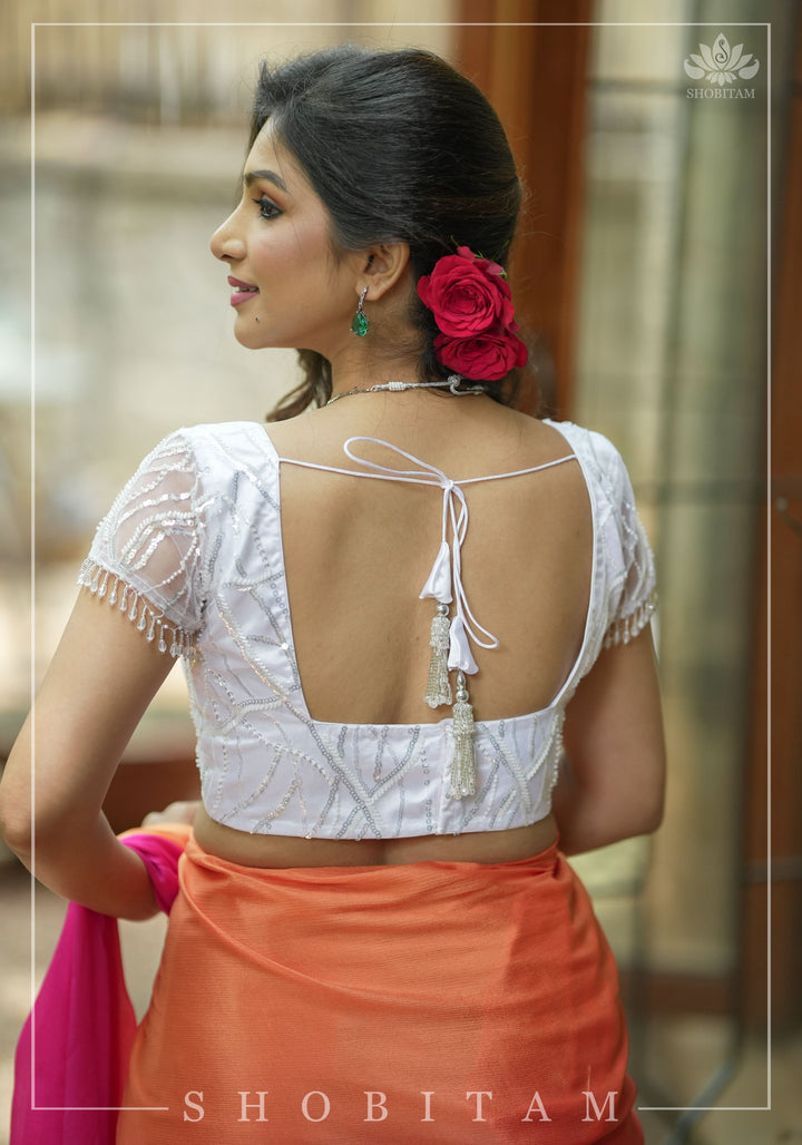 White sequin blouse with pleated net detailing, Mix and match blouse for saree, Made to Order