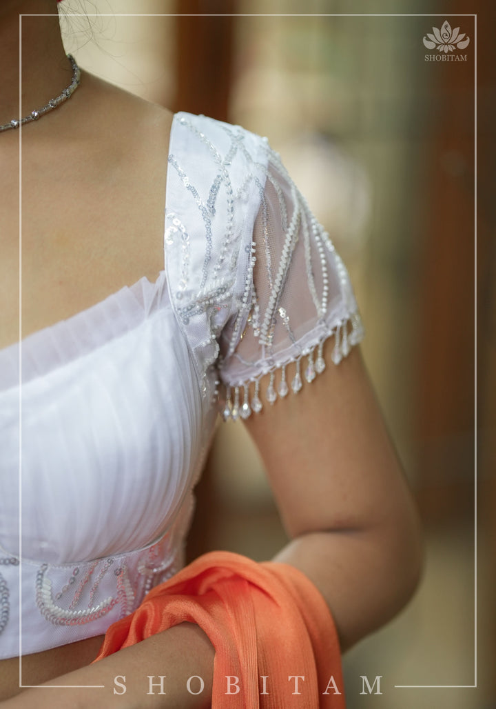 White sequin blouse with pleated net detailing, Mix and match blouse for saree, Made to Order