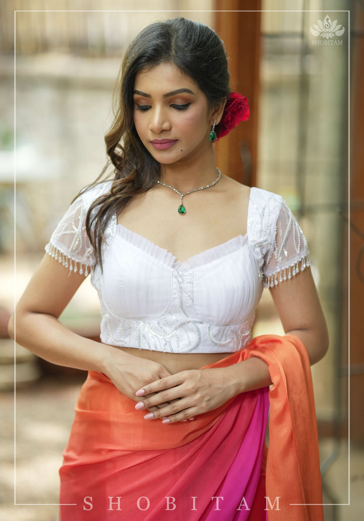 White sequin blouse with pleated net detailing, Mix and match blouse for saree, Made to Order