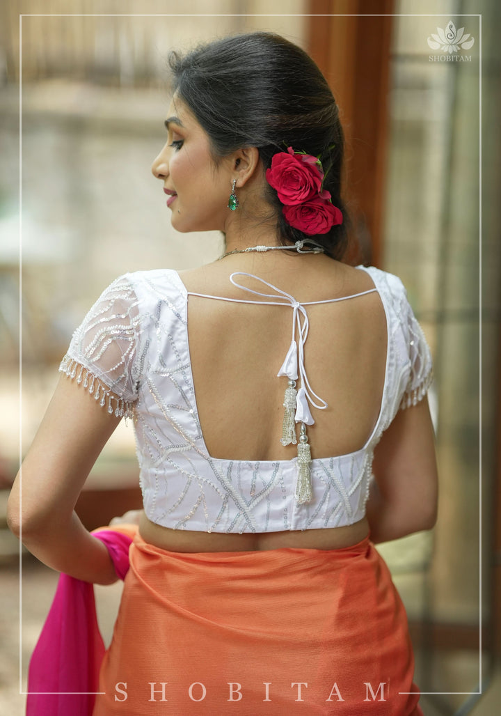 White sequin blouse with pleated net detailing, Mix and match blouse for saree, Made to Order