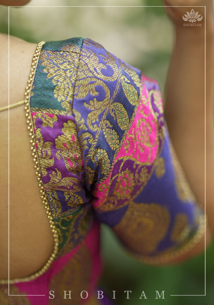 Purple and Pink Banarasi Brocade Square Neck Mix and Match Blouse, Made to Order