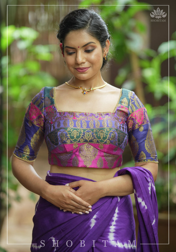 Purple and Pink Banarasi Brocade Square Neck Mix and Match Blouse, Made to Order