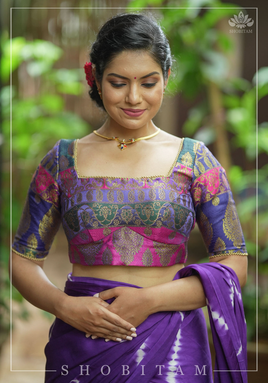 Purple and Pink Banarasi Brocade Square Neck Mix and Match Blouse, Made to Order