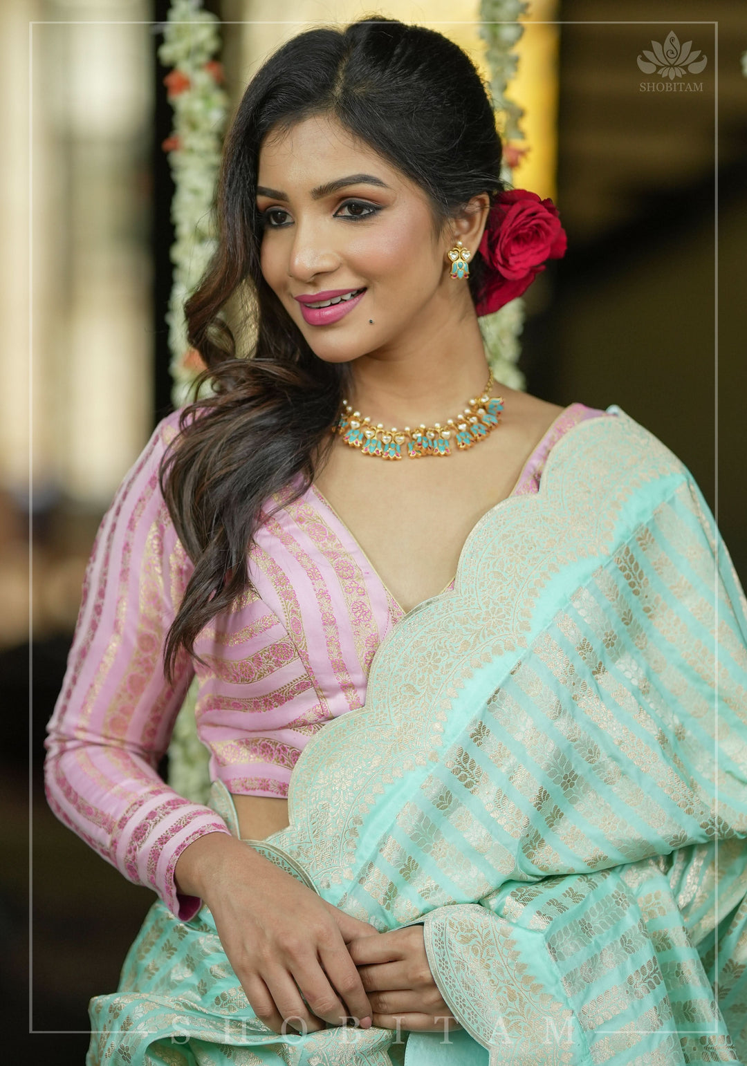 Thistle Banarasi brocade Stripes plunge neck blouse with full sleeves and Lakshmi jewel detailing, Made to Order