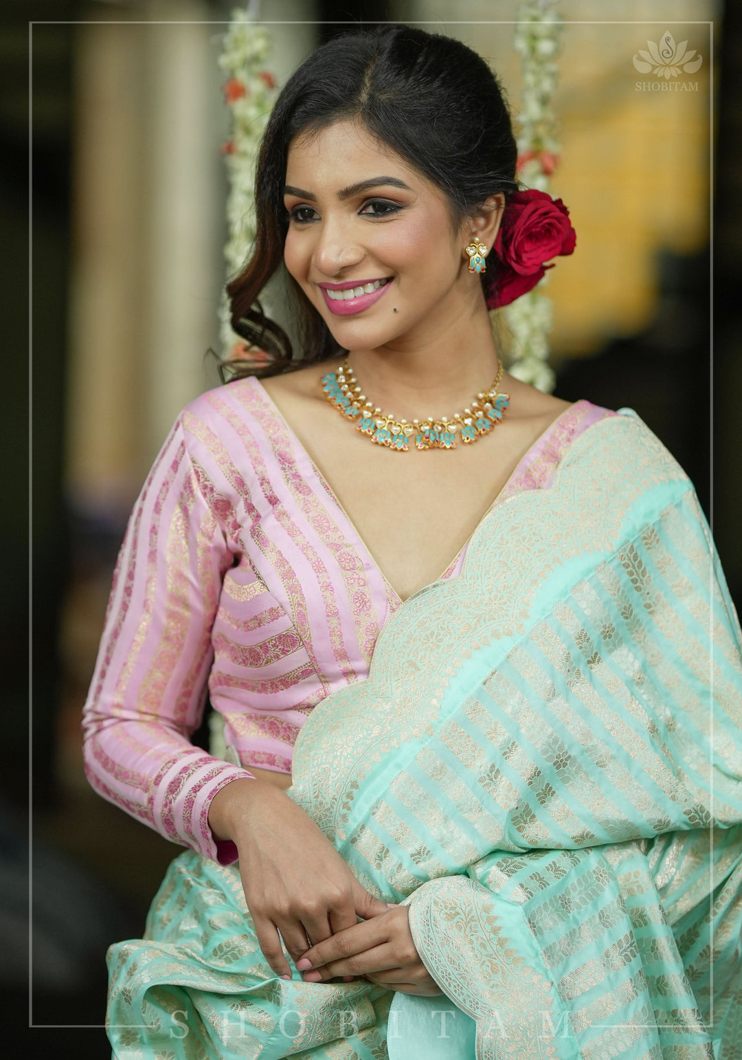 Thistle Banarasi brocade Stripes plunge neck blouse with full sleeves and Lakshmi jewel detailing, Made to Order