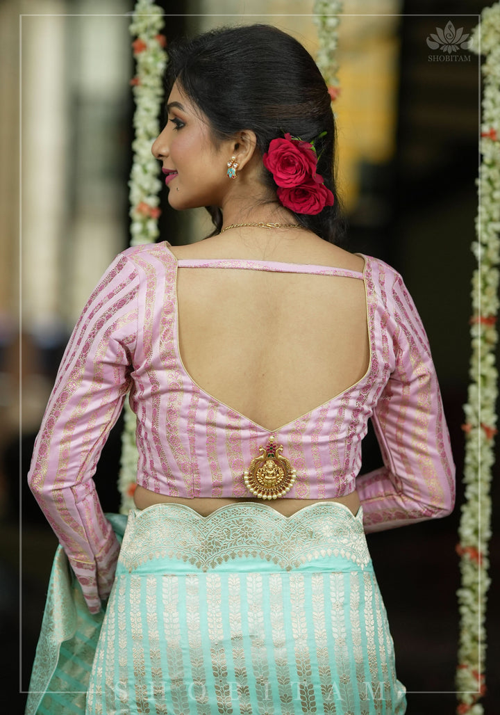 Thistle Banarasi brocade Stripes plunge neck blouse with full sleeves and Lakshmi jewel detailing, Made to Order
