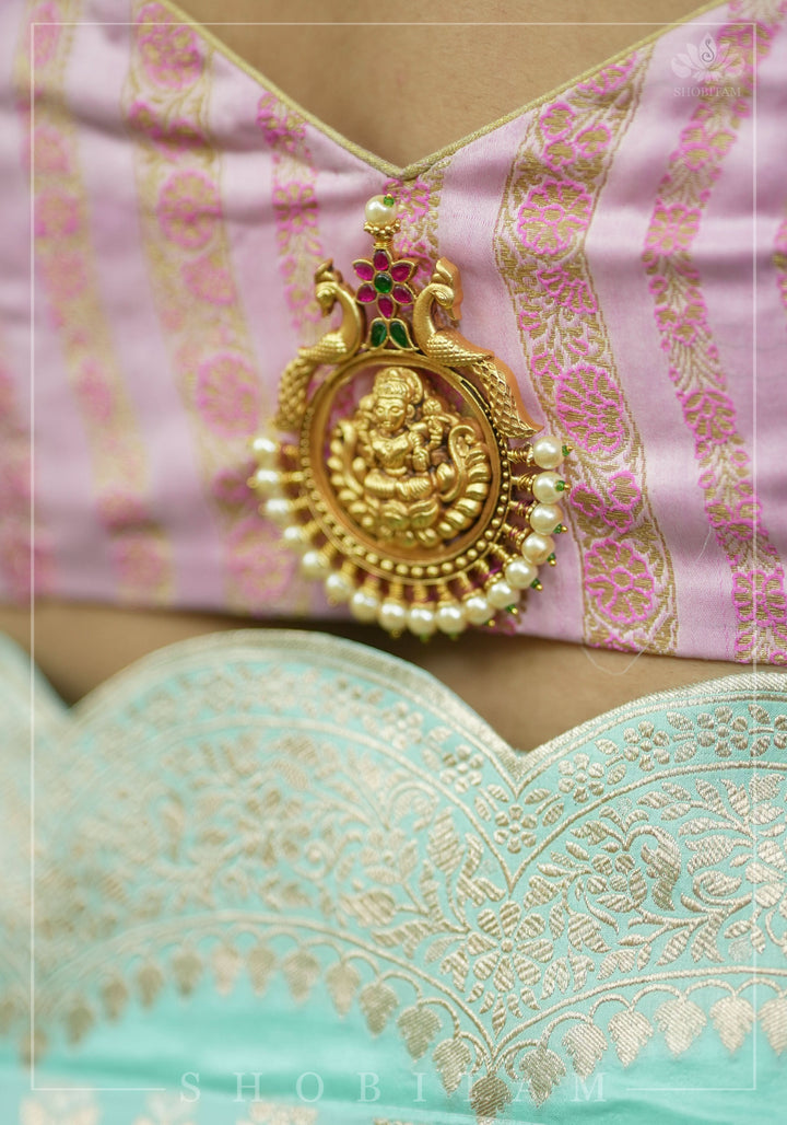 Thistle Banarasi brocade Stripes plunge neck blouse with full sleeves and Lakshmi jewel detailing, Made to Order