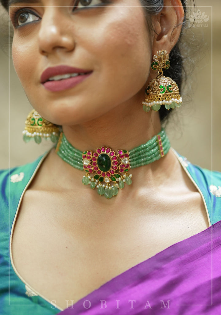 Pure Kanjivaram Silk Peacock Butti and checks Matka Neck Mix and Match Blouse for saree, Made to Order