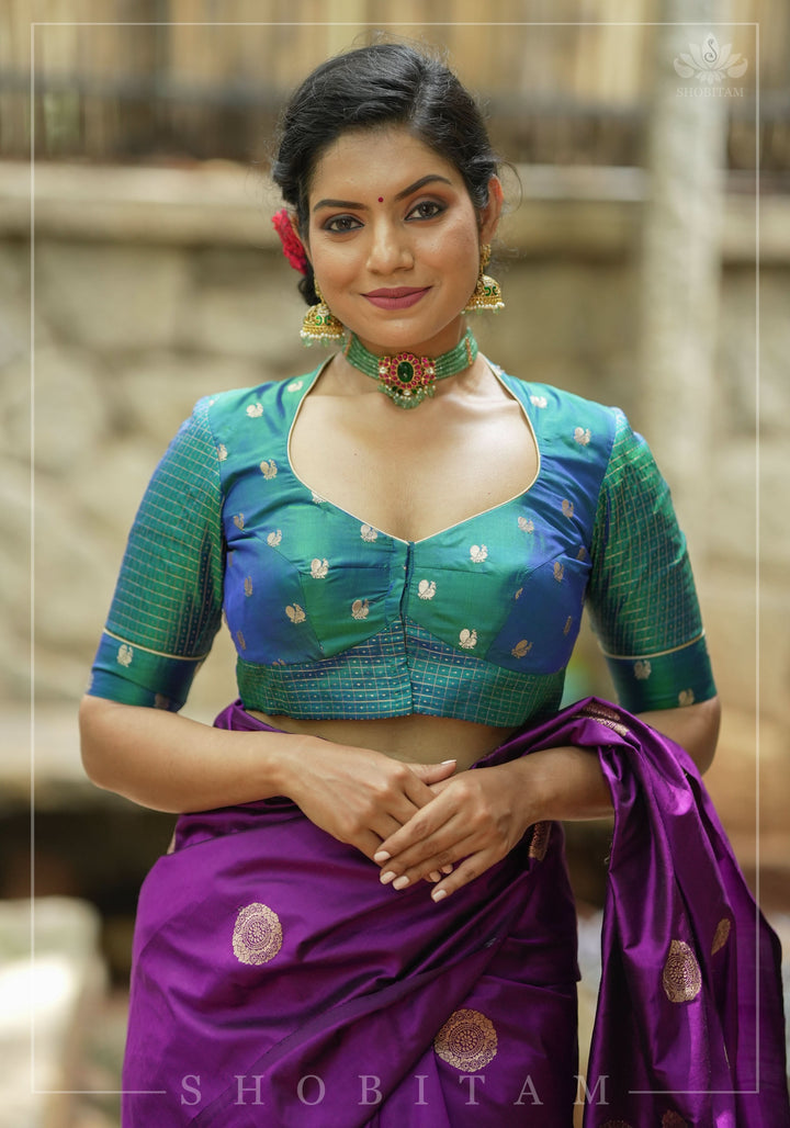 Pure Kanjivaram Silk Peacock Butti and checks Matka Neck Mix and Match Blouse for saree, Made to Order