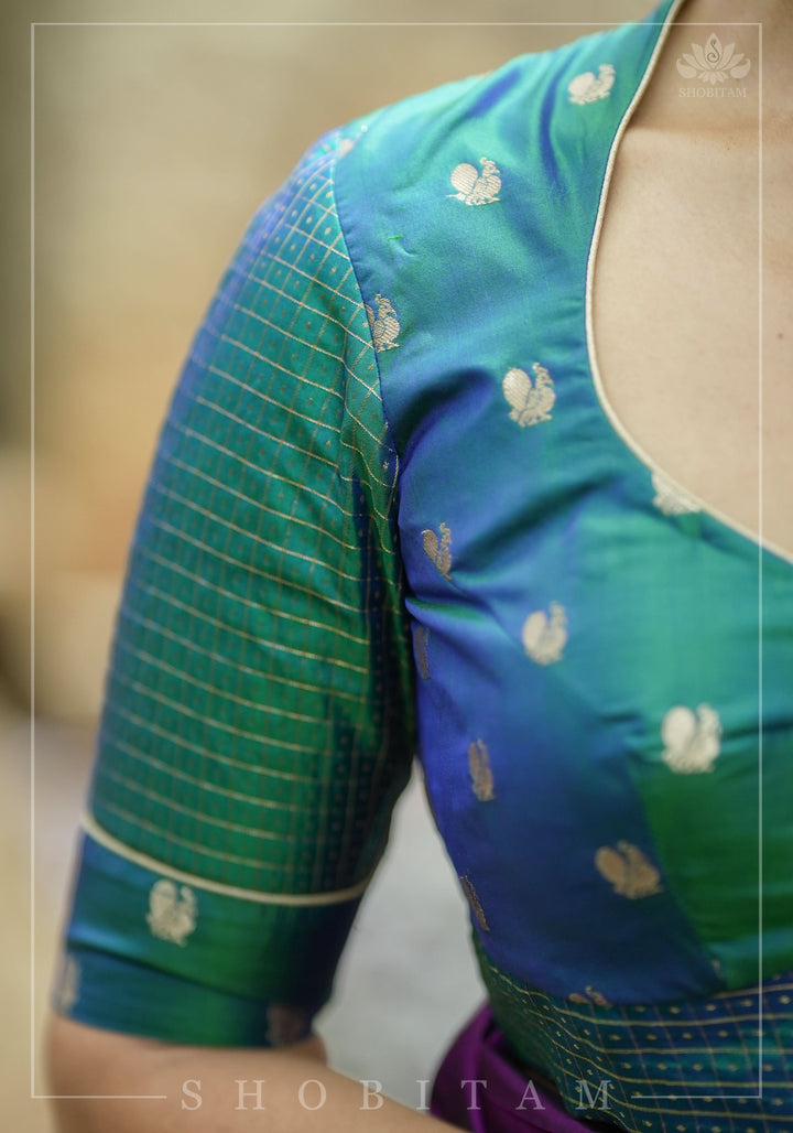 Pure Kanjivaram Silk Peacock Butti and checks Matka Neck Mix and Match Blouse for saree, Made to Order