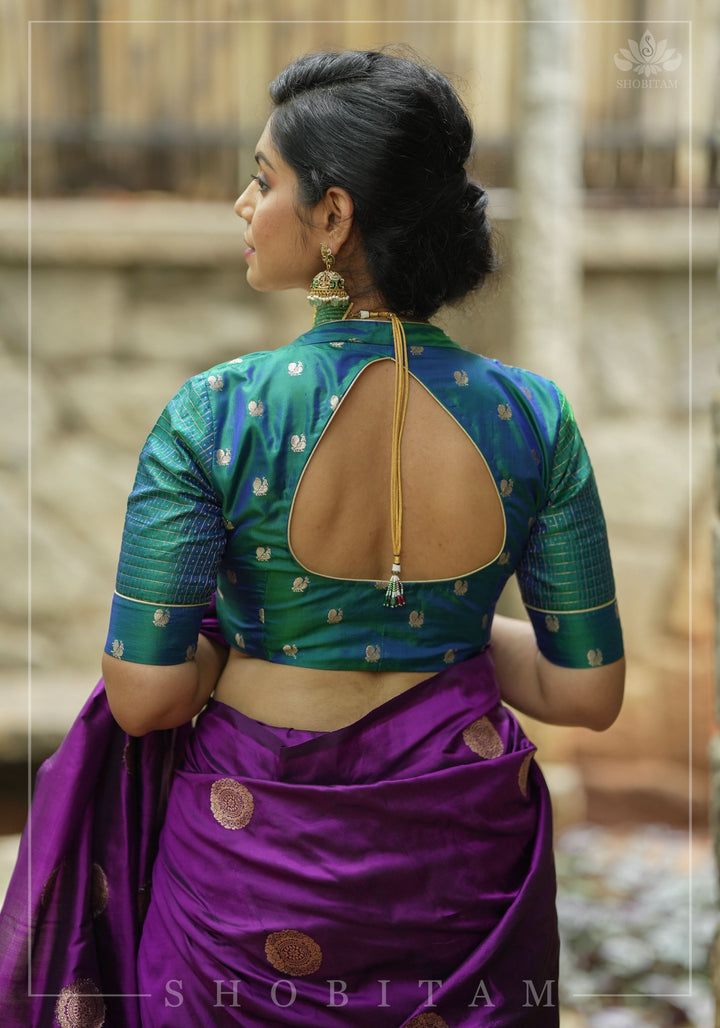 Pure Kanjivaram Silk Peacock Butti and checks Matka Neck Mix and Match Blouse for saree, Made to Order