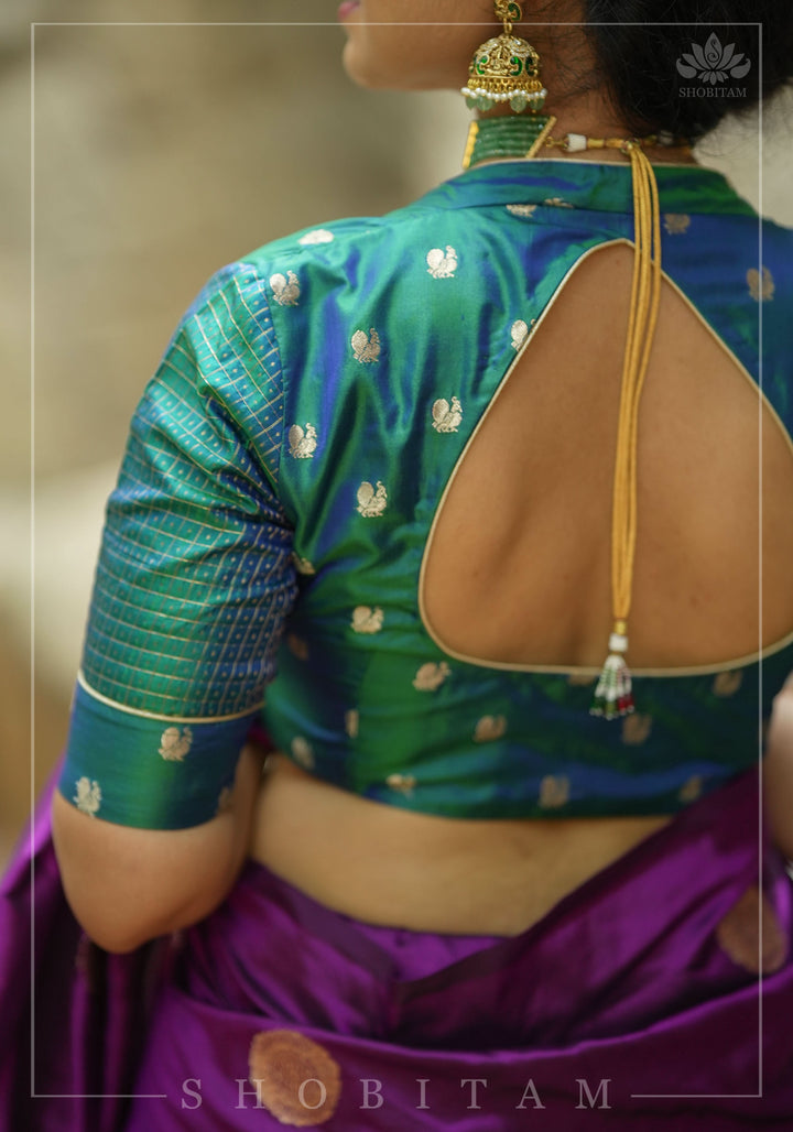 Pure Kanjivaram Silk Peacock Butti and checks Matka Neck Mix and Match Blouse for saree, Made to Order