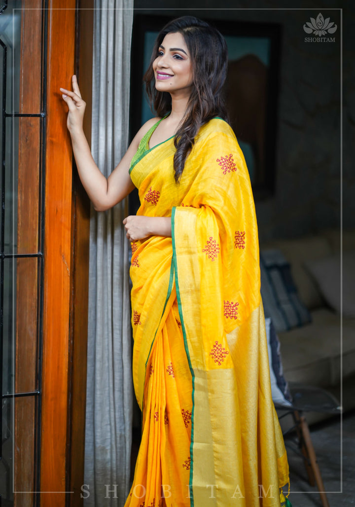 Shobitam Exclusive - Rangoli Embroidered Border on Pure Linen by Linen Saree in Yellow, Gold and Green