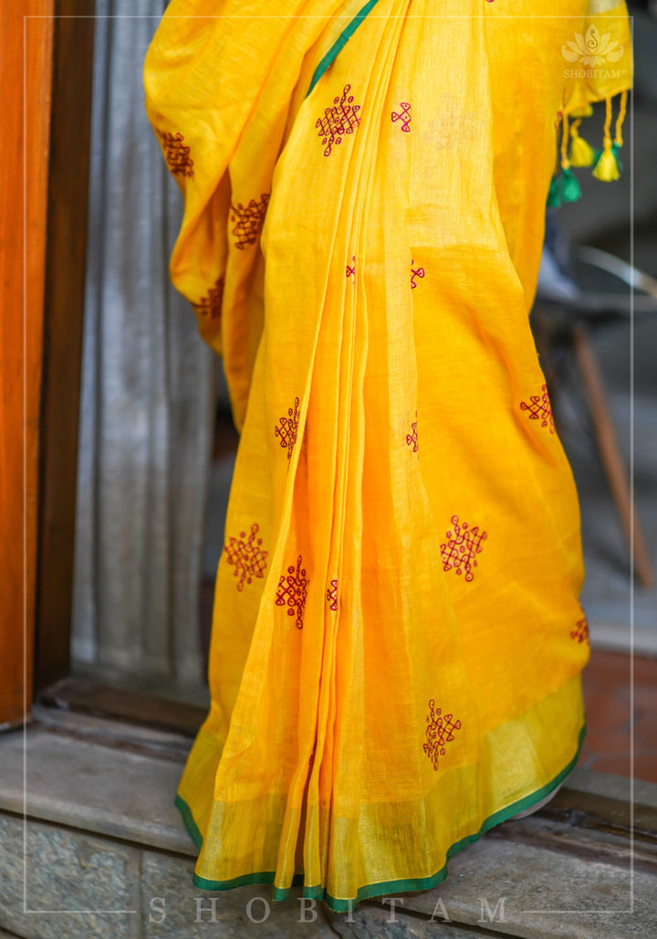 Shobitam Exclusive - Rangoli Embroidered Border on Pure Linen by Linen Saree in Yellow, Gold and Green