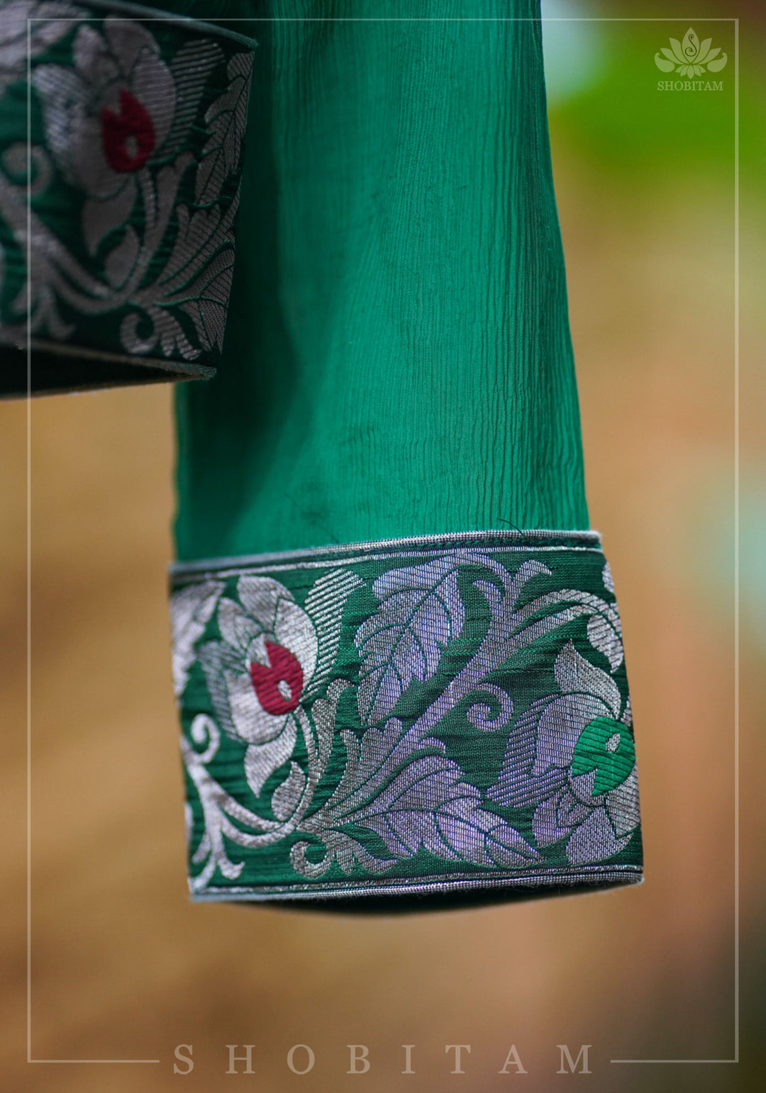Rama green pure chiffon blouse with brocade detailing and sheer sleeves