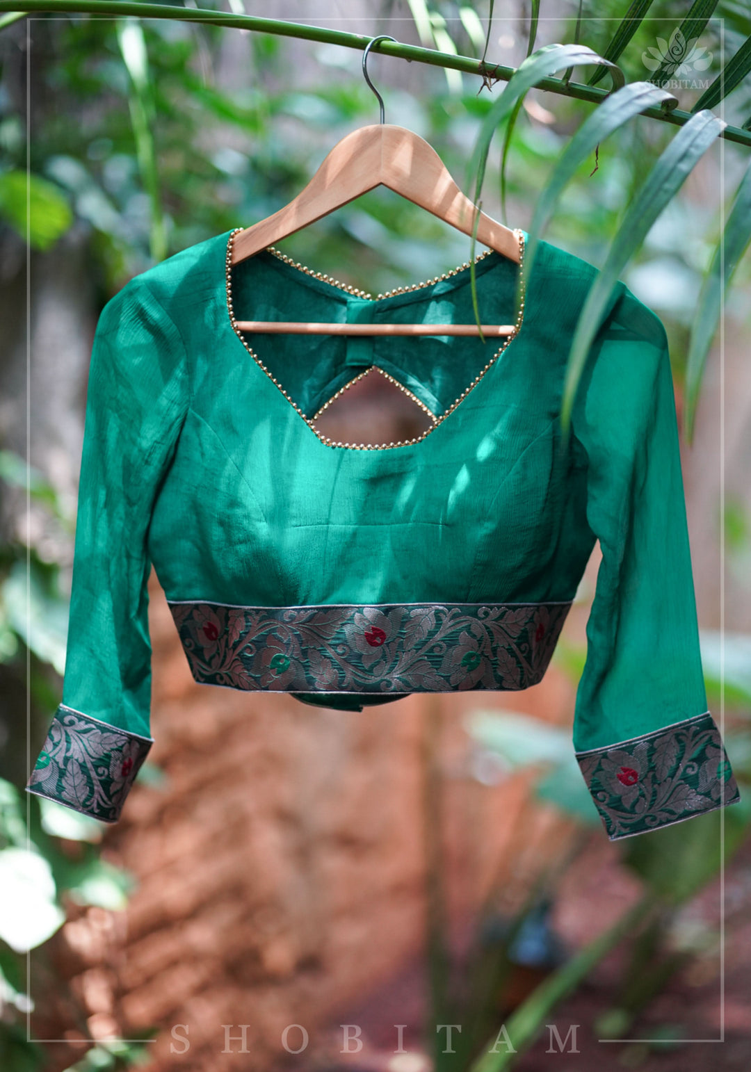 Rama green pure chiffon blouse with brocade detailing and sheer sleeves