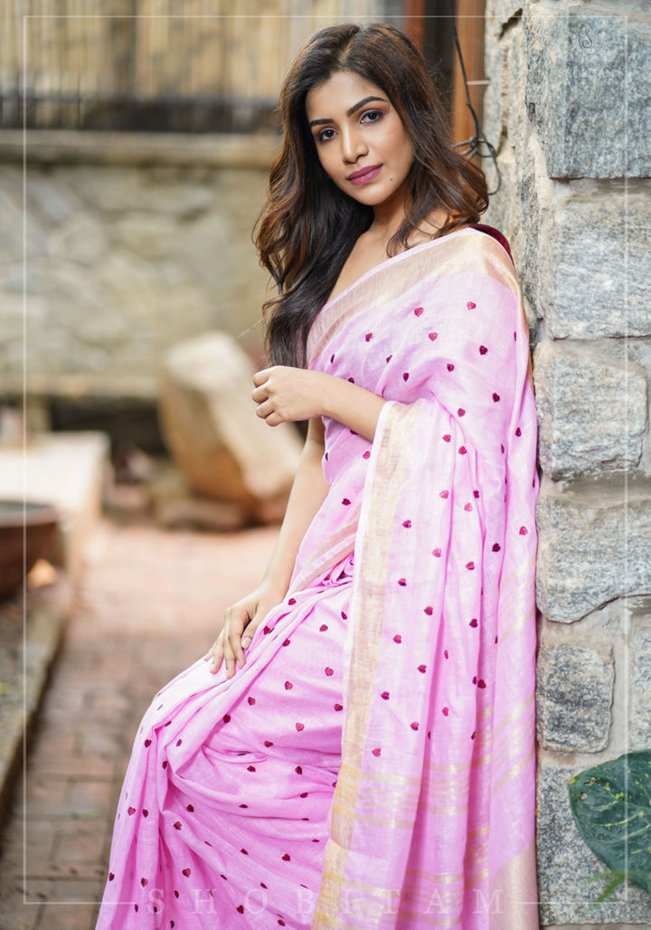 Loving Hearts Embroidered Pink Linen Saree