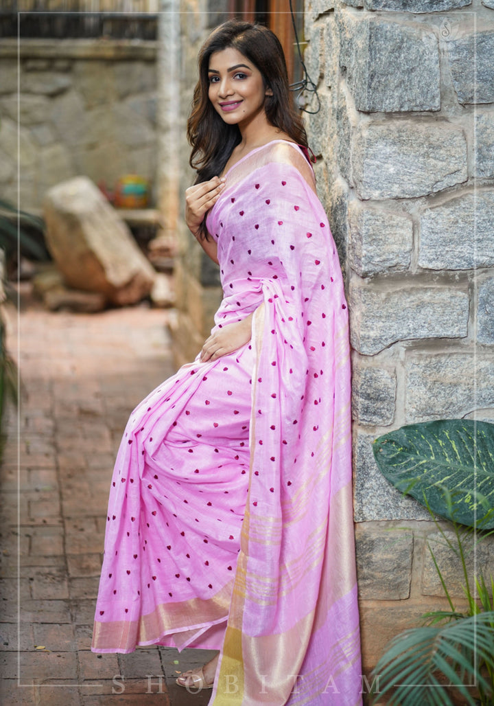Loving Hearts Embroidered Pink Linen Saree
