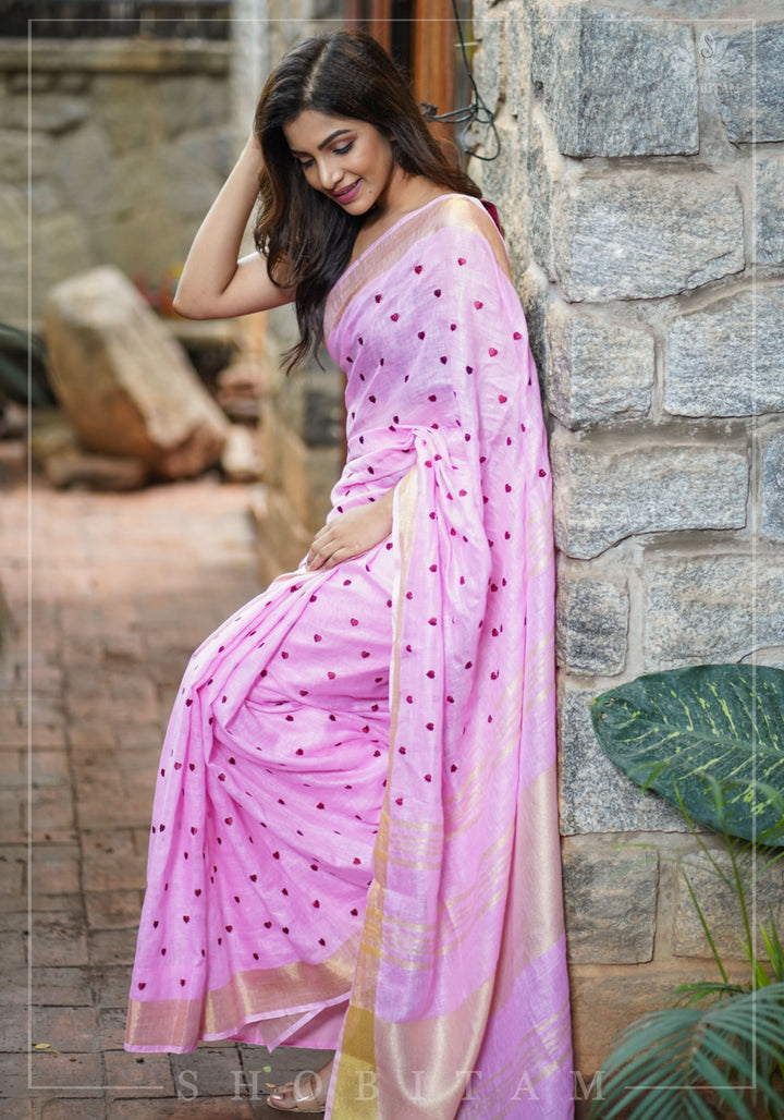 Loving Hearts Embroidered Pink Linen Saree