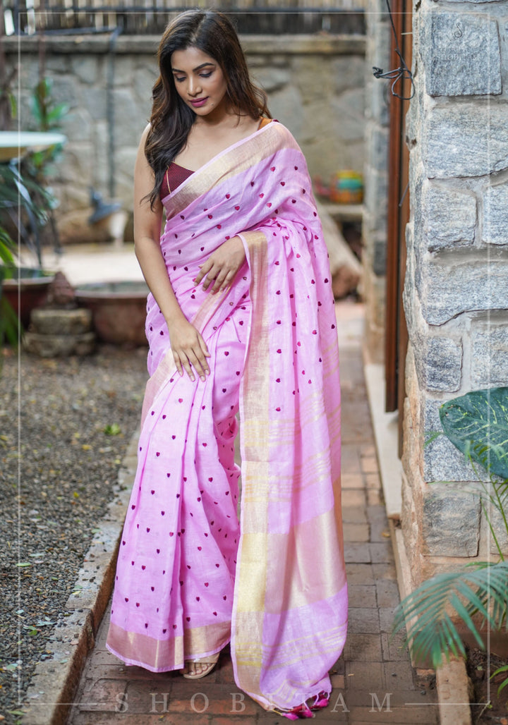 Loving Hearts Embroidered Pink Linen Saree