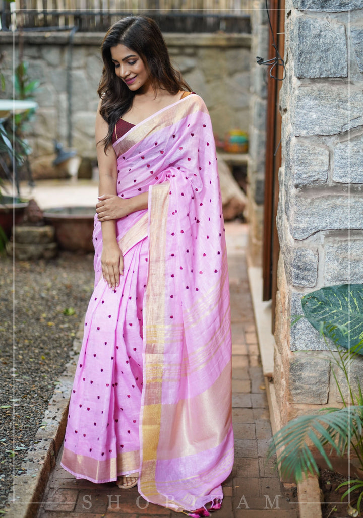 Loving Hearts Embroidered Pink Linen Saree