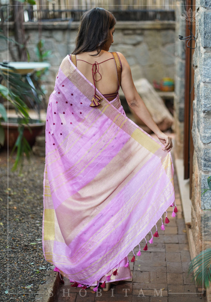 Loving Hearts Embroidered Pink Linen Saree