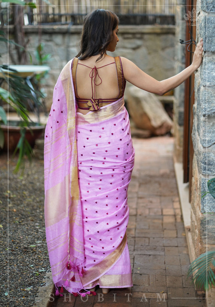 Loving Hearts Embroidered Pink Linen Saree