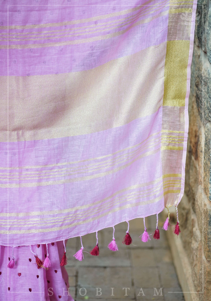 Loving Hearts Embroidered Pink Linen Saree