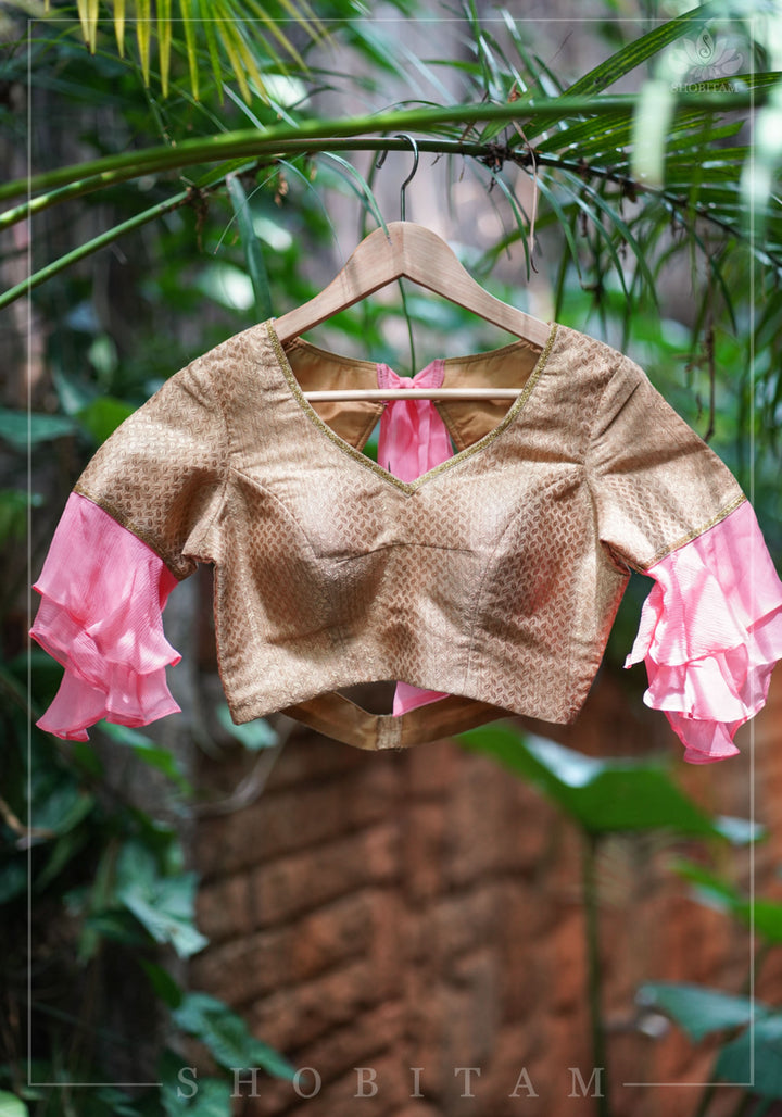 Gold brocade & peach pink chiffon ruffle V neck blouse