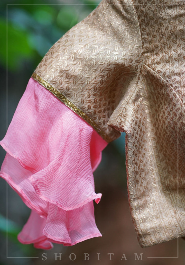 Gold brocade & peach pink chiffon ruffle V neck blouse