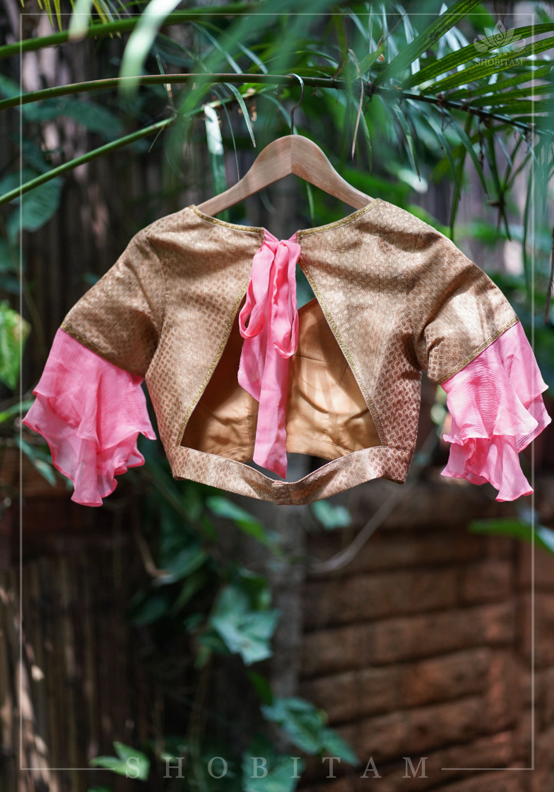 Gold brocade & peach pink chiffon ruffle V neck blouse