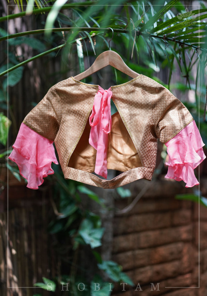 Gold brocade & peach pink chiffon ruffle V neck blouse
