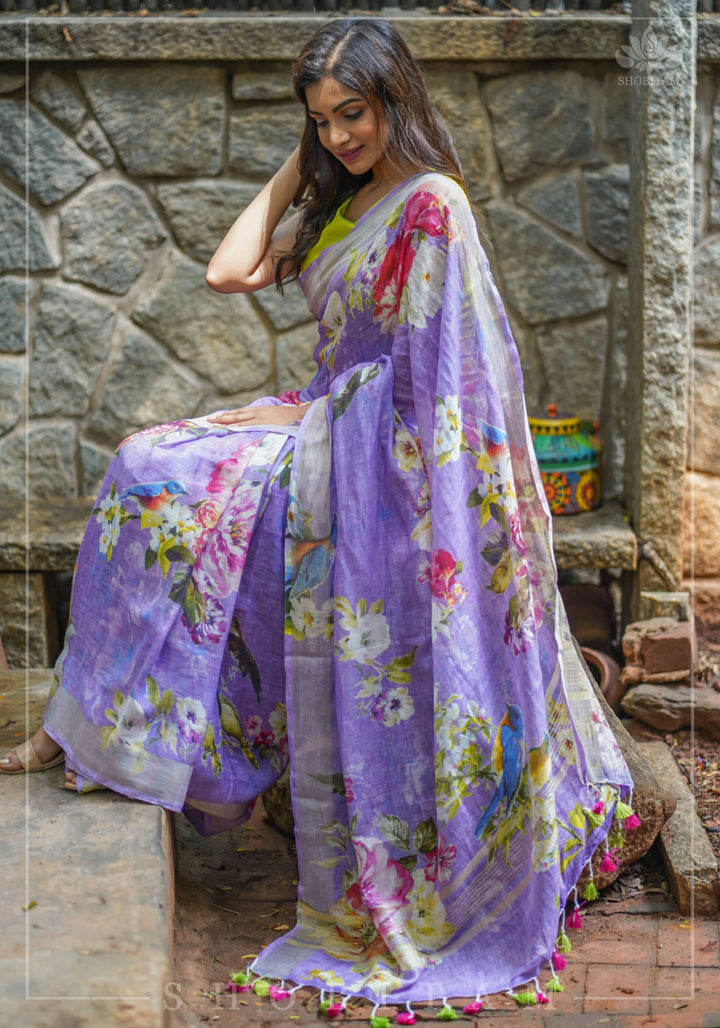 Periwinkle Linen Saree with Floral Digital Print
