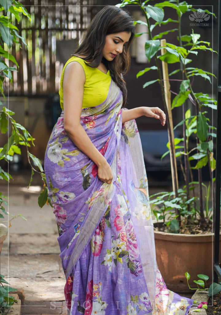 Periwinkle Linen Saree with Floral Digital Print