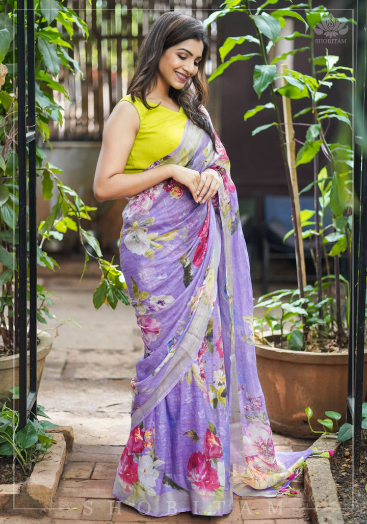 Periwinkle Linen Saree with Floral Digital Print