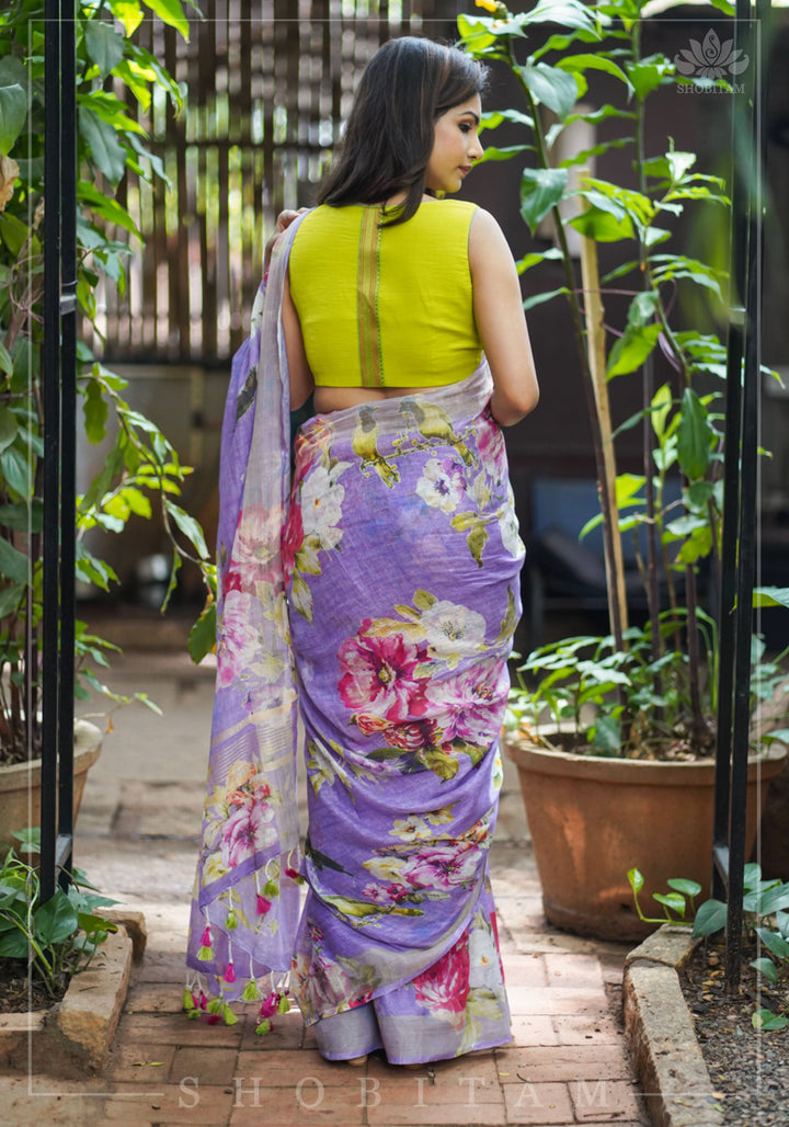 Periwinkle Linen Saree with Floral Digital Print