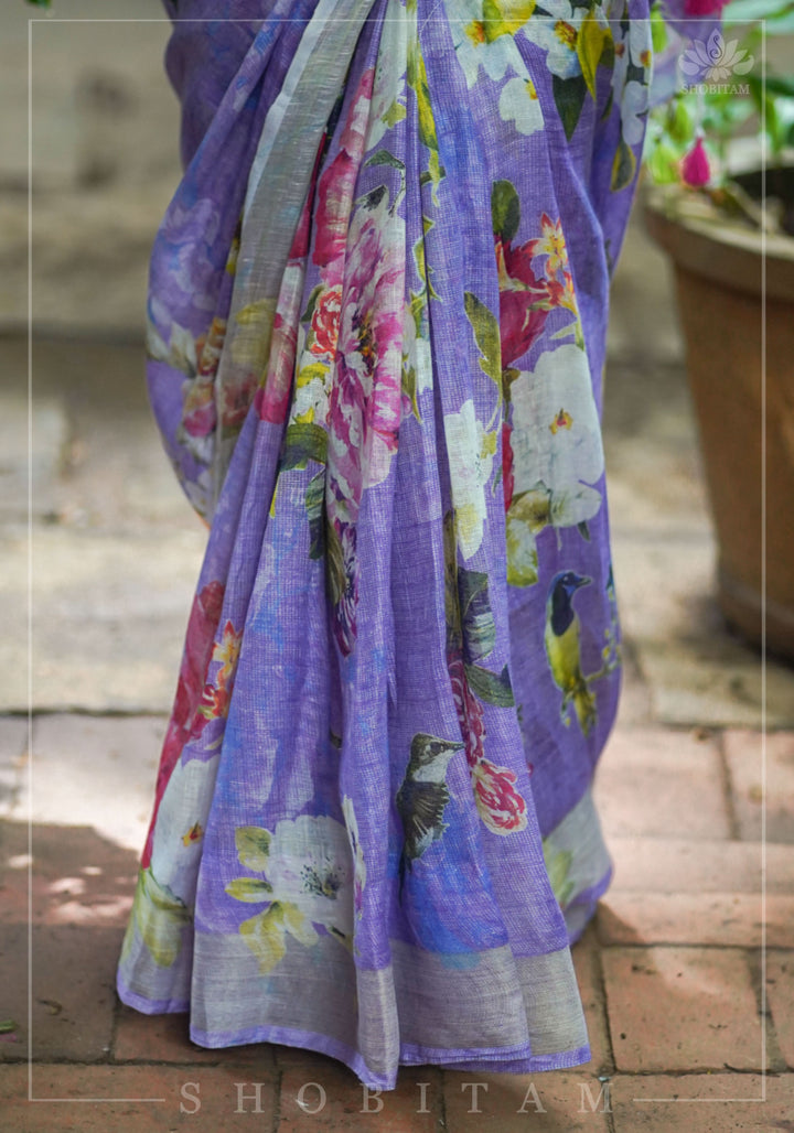 Periwinkle Linen Saree with Floral Digital Print