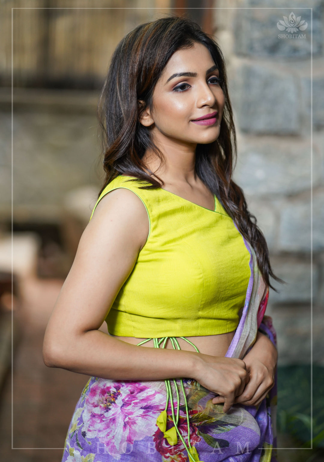 Lime Green Chiffon Crossover Blouse with Zari Detailing