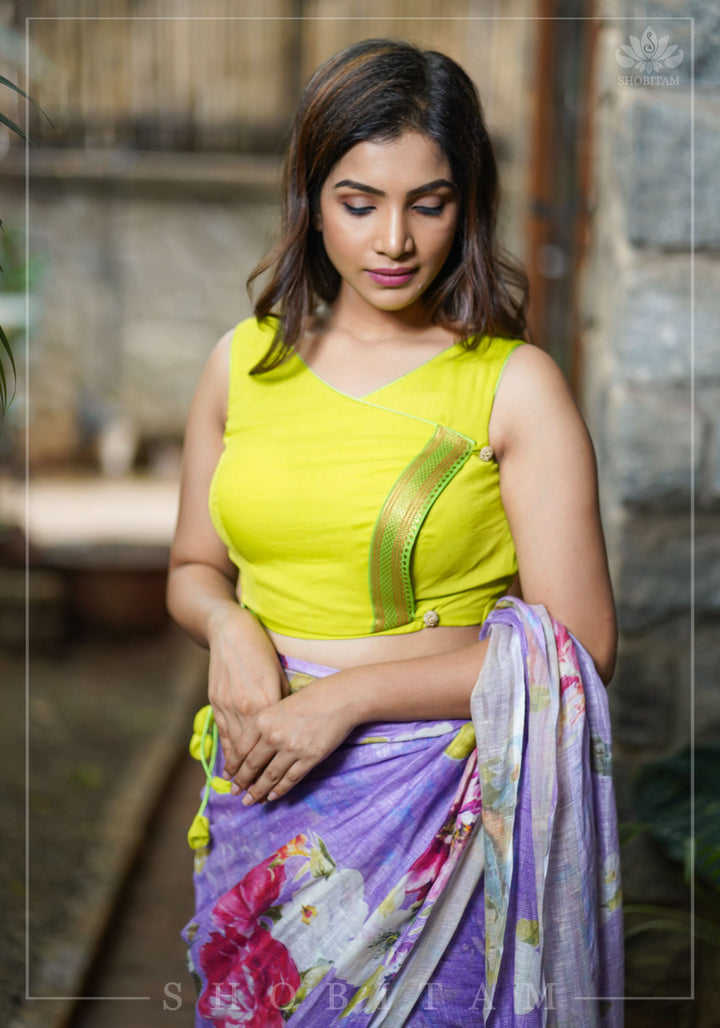 Lime Green Chiffon Crossover Blouse with Zari Detailing
