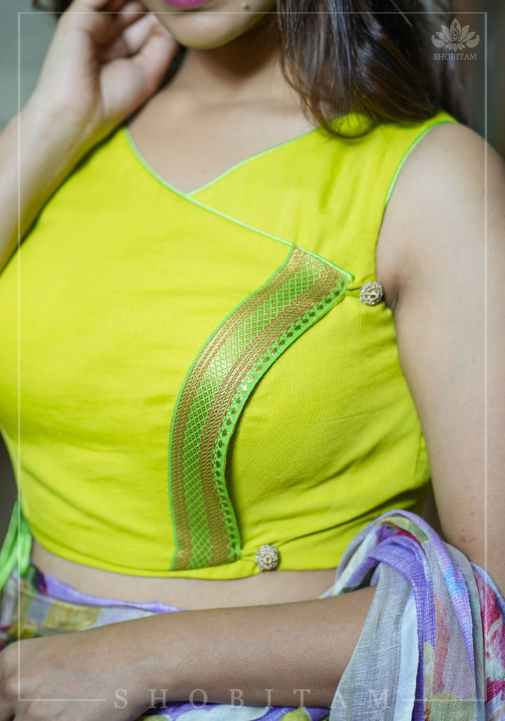 Lime Green Chiffon Crossover Blouse with Zari Detailing